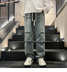 Threebooy Oversize Zipper Workwear Jeans Straight Tube Loose American Plus Size Men's Pants High Street Vibe Trendy Brand Hip-hop