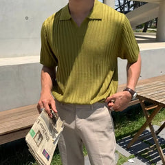 Threebooy Men's Clothing Light Luxury Knitted Polo Shirt Casual Stripe V-Neck Solid Color Short Sleeve T-Shirt Breathable Fashion Knitwear