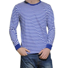 Threebooy Long-sleeved Men's T-shirt Loose Retro Versatile Spring Autumn Clothes Blue White Striped Cotton Sailor Suit