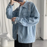 Threebooy Korean Autumn Loose Men's New Patchwork Square Collar Button Pocket Fashion Solid Color Minimalist Casual Denim Jacket