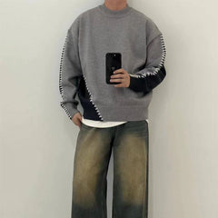 Threebooy Mens Sweater Topstitching Knitted Sweater Autumn Streetwear Contrast Color Casual Versatile Long Sleeve Top Men'S Clothing