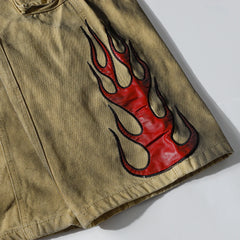 Threebooy Ankle Flame Embroidery Straight Loose Cargo Pants for Men High Street Pockets Casual Denim Trousers Oversized Unisex Jeans