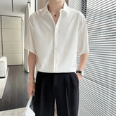 Threebooy Summer Ice Silk Shirt Men's Short-sleeved Trendy Brand Men's Casual High-end Sense Handsome Five-point Sleeve White Shirt