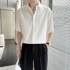 Threebooy Summer Ice Silk Shirt Men's Short-sleeved Trendy Brand Men's Casual High-end Sense Handsome Five-point Sleeve White Shirt