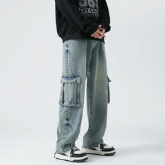 Threebooy Autumn New Men's Denim Wide-leg Pants American Baggy Cargo Jeans Ins Multi-pocket Vintage Streetwear Trousers Grey Blue