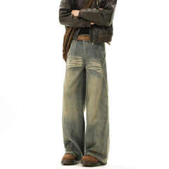 Threebooy Vintage Blue Men's Distressed Denim Pants Wide Leg Trousers Jeans Straight Loose Mopping Pants Streetwear Male Casual Fashion