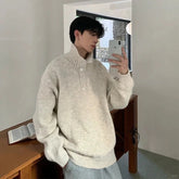 Threebooy Korean Fashion Men Henry Sweaters Light Luxury Solid Color Long Sleeve Knitwear Premium Quality Button-down Knit Pullover M-3XL
