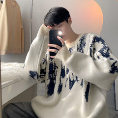 Threebooy Korean casual lazy style sweater for men's autumn winter new item loose knit sweater for teenagers base top