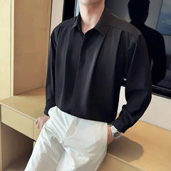 Threebooy High End Solid Color Shirts Men Loose Pleated Design Hanging Shirt Long Sleeved Shirt Casual Business Social Men Clothing