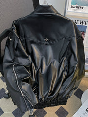 Threebooy Niche Deconstruction Heavy Industry Leather Jacket Spring Autumn Design Loose Punk Streetwear Short Motorcycle Leather Coat