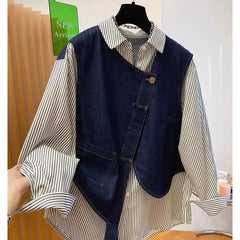 Threebooy American High Street Denim Spliced striped Shirt Long Sleeve Korean Version 2025 Fashion Trend Fake Two-piece Top Aesthetic
