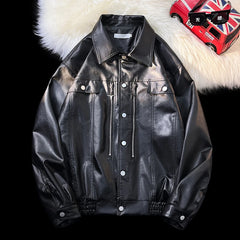 Threebooy Retro Motorcycle Leather Jacket Men's Spring Autumn Pu Jacket Loose Windproof Jackets Zipper Single-breasted Turndown Collar Top