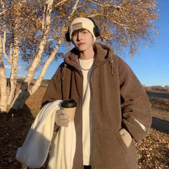 Threebooy Korean Style Polar Fleece Thickened Hooded Lamb Wool Jacket American Fashion Winter Men's Warm Large Size Cotton Coat Aesthetic