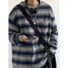 Threebooy Retro Japanese Style Spring Workwear Sweatshirt Men's round Neck Striped Unisex Couple's Shirt Long Sleeve No Ironing Treatment