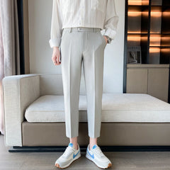 Threebooy Korean Style Ankle Length Spring Men Dress Pants Stretched Simple Slim Fit Casual Office Trousers Formal Wear Hot Sale 36