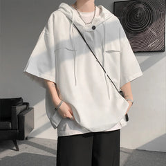 Threebooy Summer Hooded T shirt Men Korean Half Sleeve Pullover Streetwear Loose T-shirt Tops Drawstring Men Clothing 5XL-M