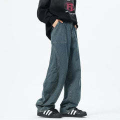 Threebooy Patchwork style Men's Baggy Straight Jeans Personality unisex Fashion Korean High Street Denim Pants Streetwear Male Trousers