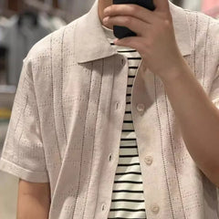 Threebooy Mens Shirts Geometric Eyelet Breathable Knitted Shirts Summer Casual Streetwear Versatile Short Sleeve Tops Men'S Clothing