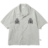Threebooy Summer Short Sleeve Shirts Men Streetwear Vintage Embroidery Casual Shirt for Men Oversized Harajuku Japan Style Cotton Blouse