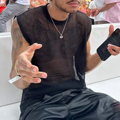 Threebooy Summer Men's Clothing Luxury Knit Hollw Out Tank Tops O Neck Sleeveless Mesh Sexy Solid Color Party Vest Breathable Knitwear