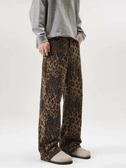 Threebooy 100% Cotton Leopard Print Men's Straight Jeans Baggy Fashion Designer Casual Pants Personality Streetwear Hip Hop Male Trousers