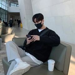 Threebooy Men's Casual Knitted V Neck Pullover Sweater Light Luxury Korean Solid Color Leisure Long Sleeve Tops Autumn Winter Knitwear