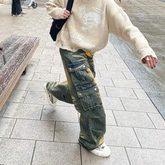 Threebooy Y2k Hip Hop Retro Streetwear Mens Jeans Distressed Faded Washed Oversized Pockets Loose Cargo Pants High Street Wide Leg Pants