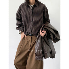 Threebooy Spring Autumn Japan Retro Long-sleeved Striped Shirt Men's Vintage Preppy Top Casual Loose College Boyfriend Style Shirt Jacket