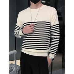 Threebooy Trend Casual Autumn Winter Men Sweaters O-Neck Striped Contrast Color Korean Casual Loose Pullovers Knitd Bottoming Shirt Tops