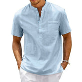 Threebooy Cotton Linen Shirt Men Henley Neck Pocket Casual Beach Short Sleeve Solid Color Male Tops T-shirts Vintage Streetwear