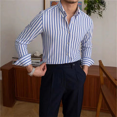 Threebooy New Naples Business Men Shirts Light Luxury Textured Lapel Striped Long Sleeve Cardigan Leisure Premium Commuter Blouse M-3XL