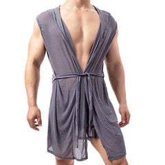 Threebooy Men Bathrobe Mesh Homewear Sleeveless Translucent Sexy Nightgown Men Loose Breathable Underwear Robe(No Shorts)