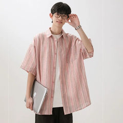 Threebooy Summer men Short Sleeve Shirt For Men Striped Loose Polos Lapel Shirts New unisex High Street Pocket Blouse Couple shirt