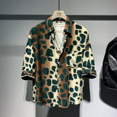 Threebooy Men Trendy Vintage Leopard Print Streetwear Y2K Chic Button Up Shirt Summer Male Casual Lapel Pocket Oversized Short Sleeve Tops