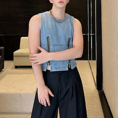 Threebooy Mens Denim Vest Double Zipper Casual Short Vest Niche Personality Streetwear Versatile Sleeveless Tank Top Men'S Clothing 2024