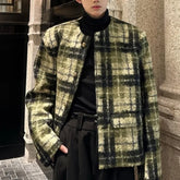 Threebooy Men's Tweed Plaid Blazers Cardigan Autumn Winter Trend Collarless Short Jacket Fashion Green Korean Style Chic Elgance Coat