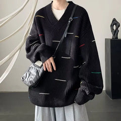 Threebooy Korean lazy style striped V-neck sweater for men and women in autumn and winter trendy loose casual couple Harajuku casual top