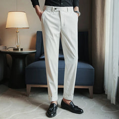 Threebooy Men's Luxury Corduroy Button-down Naples Slim-fit Suit Pants Casual Solid Color Straight Premium Elegant Dress Pants Spring