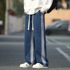 Threebooy Autumn New Men's Baggy Straight Jeans Elastic Waist Drawstring Striped Tie Dye Pants Fashion Korean Vintage Denim Trousers Male