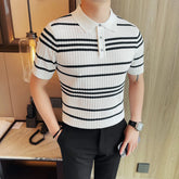 Threebooy Korean Knitted Polo Shirt for Men High Quality Striped Casual T-shirt Ice Silk Breathable Lapel Business Social Polo Shirts