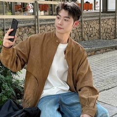 Threebooy Khaki Cargos Stand Collar Jackets Men's Japanese Retro Streetwear Fashion Solid Color Zipper Long Sleeve Coats Autumn Clothing