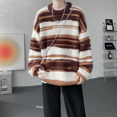 Sweater men new Stripes loose Turtleneck sweater 2025 Autumn winter warm Knitted sweater man street fashion