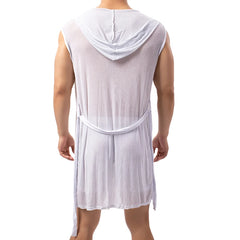 Threebooy Men Bathrobe Mesh Homewear Sleeveless Translucent Sexy Nightgown Men Loose Breathable Underwear Robe(No Shorts)