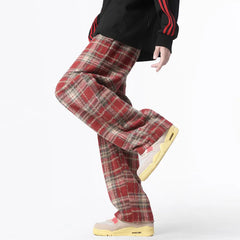 Threebooy Autumn Casual Pants Men Oversized Fashion Retro Plaid Pants Men Streetwear Hip-hop Loose Wide Leg Pants Mens Vintage Trousers