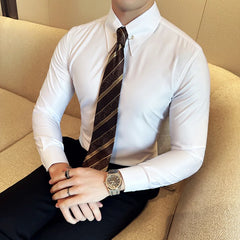 Threebooy Solid Color Shirts Men Dress Vertical Shirts Slim Men Casual Business Long Sleeve Shirt Male Chemise Homme Tuxedo Shirt 4XL-M