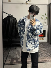 Threebooy Korean Retro Vintage Jacquard Short Shoulder Pad Denim Jacket Men's American Style High-end Design Street Jacket Aesthetic Chic