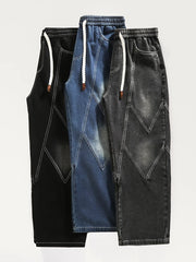 Threebooy Men's Straight Baggy Jeans 380g/m² Heavy Fabric Elastic Waist Drawstring Wide Leg Denim Pants Street Y2K Long Jeans 3 Pockets