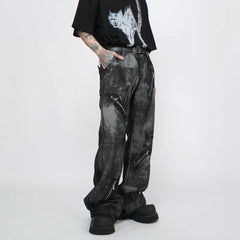 Threebooy High Street Washed Zipper Retro Jeans Men's Autumn New Style Micro Brushed Paint Tie Dye Pants