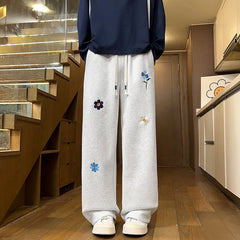 Threebooy Black Casual Pants Men Fashion Embroidered Flower Sweatpants Men Streetwear Hip-hop Loose Wide Leg Pants Mens Joggers Trousers