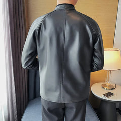 Threebooy Autumn Winter Stand Collar Loose Casual PU Lether Jacket Male Zipper Coat Men Trend Fashion Cardigan Top Outwear